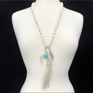 🔴 CLEARANCE Wood & Turquoise Squash Blossom Tassel Long Necklace